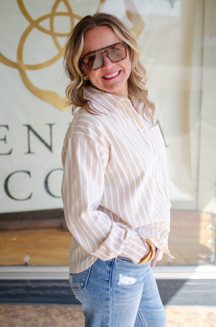 Fall Classic Stripe Button Down Boyfriend Top in Taupe