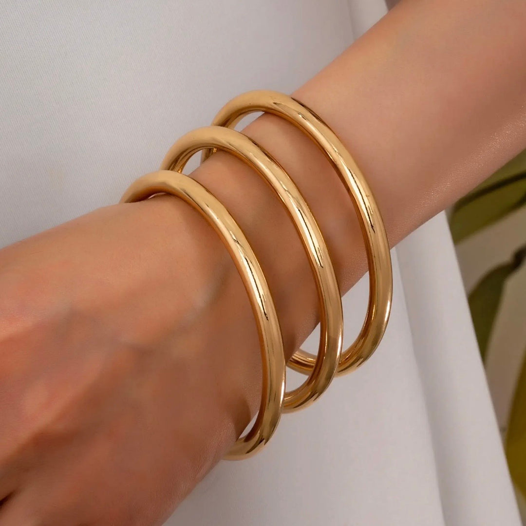 Gold Chunky Gold Plated Triple Tube Metal Bangle Sets of 2