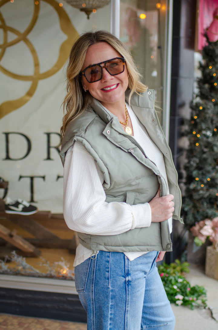 Classic Statement Puffer Vest in Sage