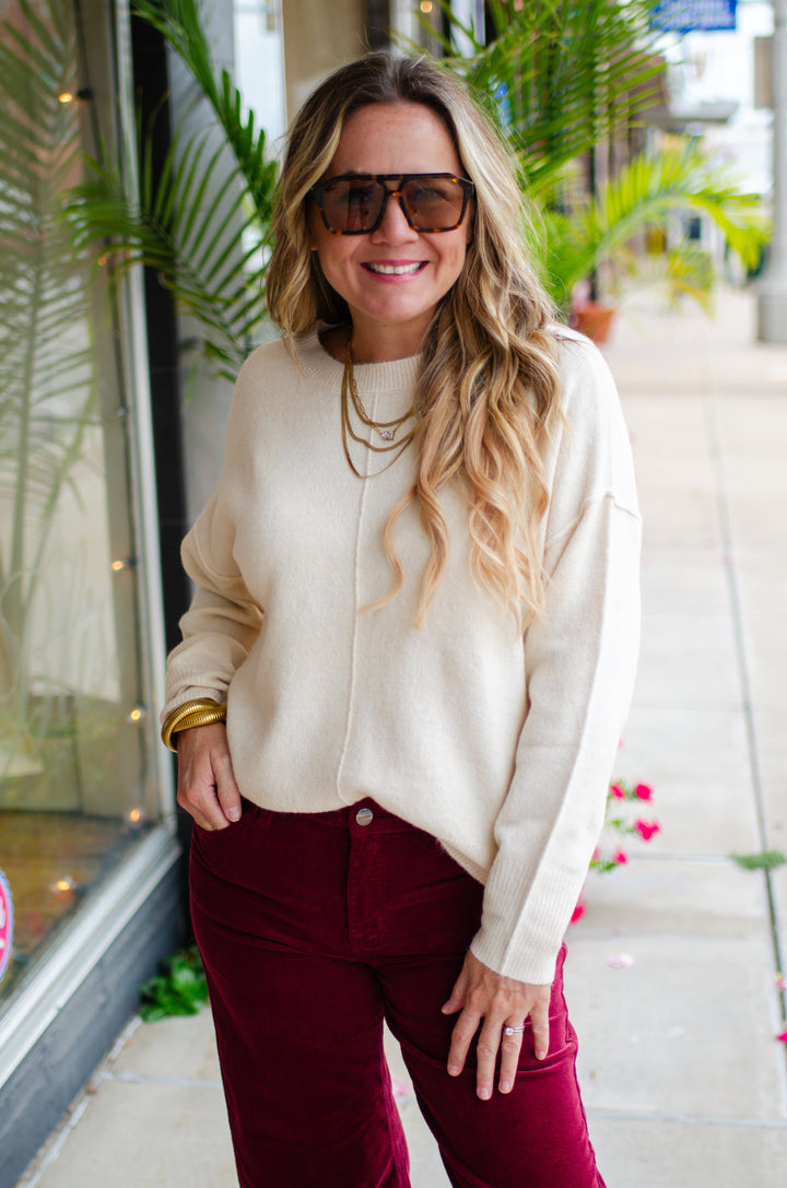 Dreaming Of Fall Crewneck Front Seam Sweater in Cream