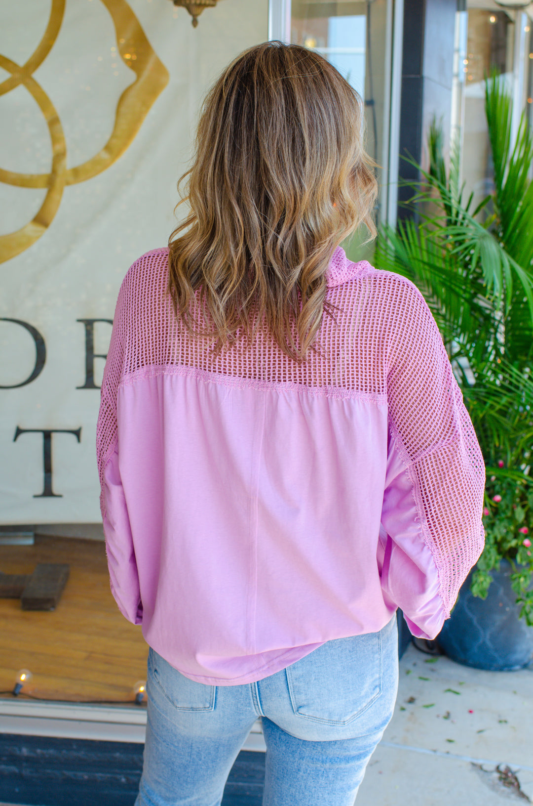 Breezy Summer Mesh Long Sleeve Top in Pink