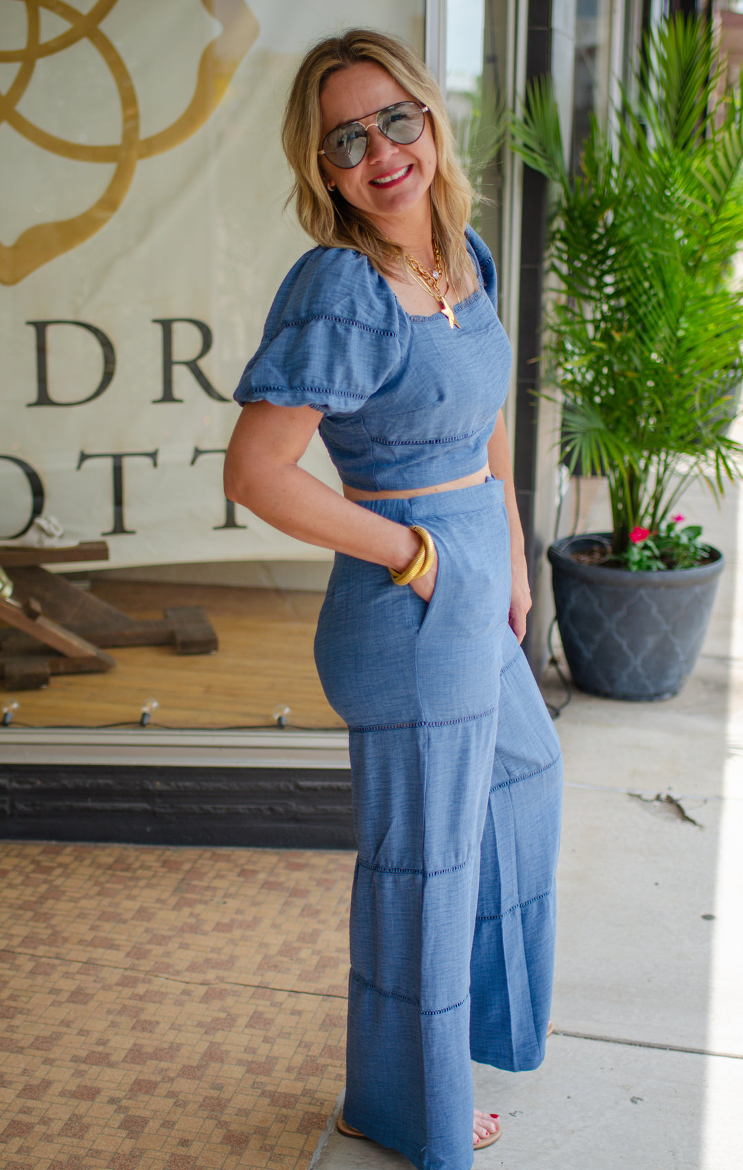 Day Date High Rise Crochet Detail Wide Leg Chambray Pants