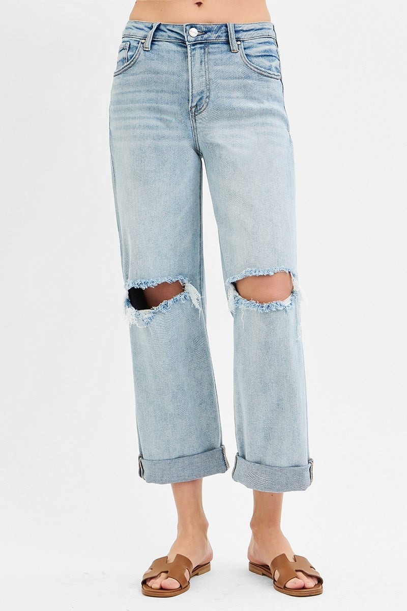 Risen Mid Rise Boyfriend Fit Cut Off Jeans in Light Wash