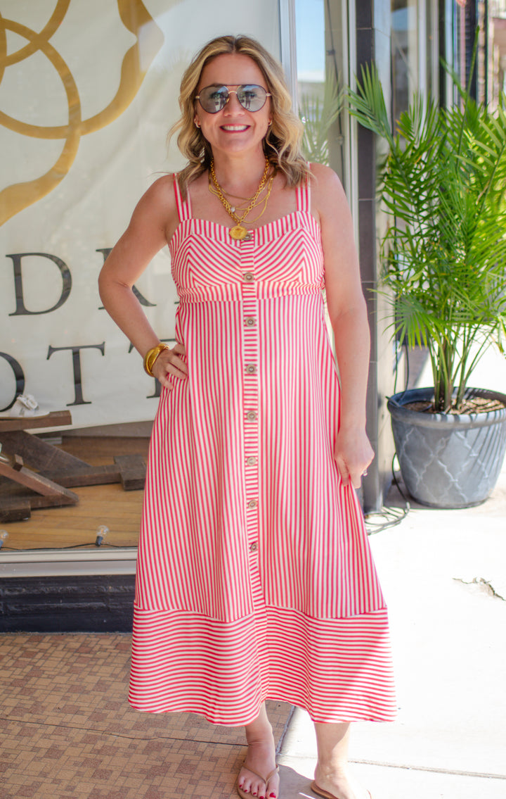 One True Love Pinstripe Button Down Dress in Red