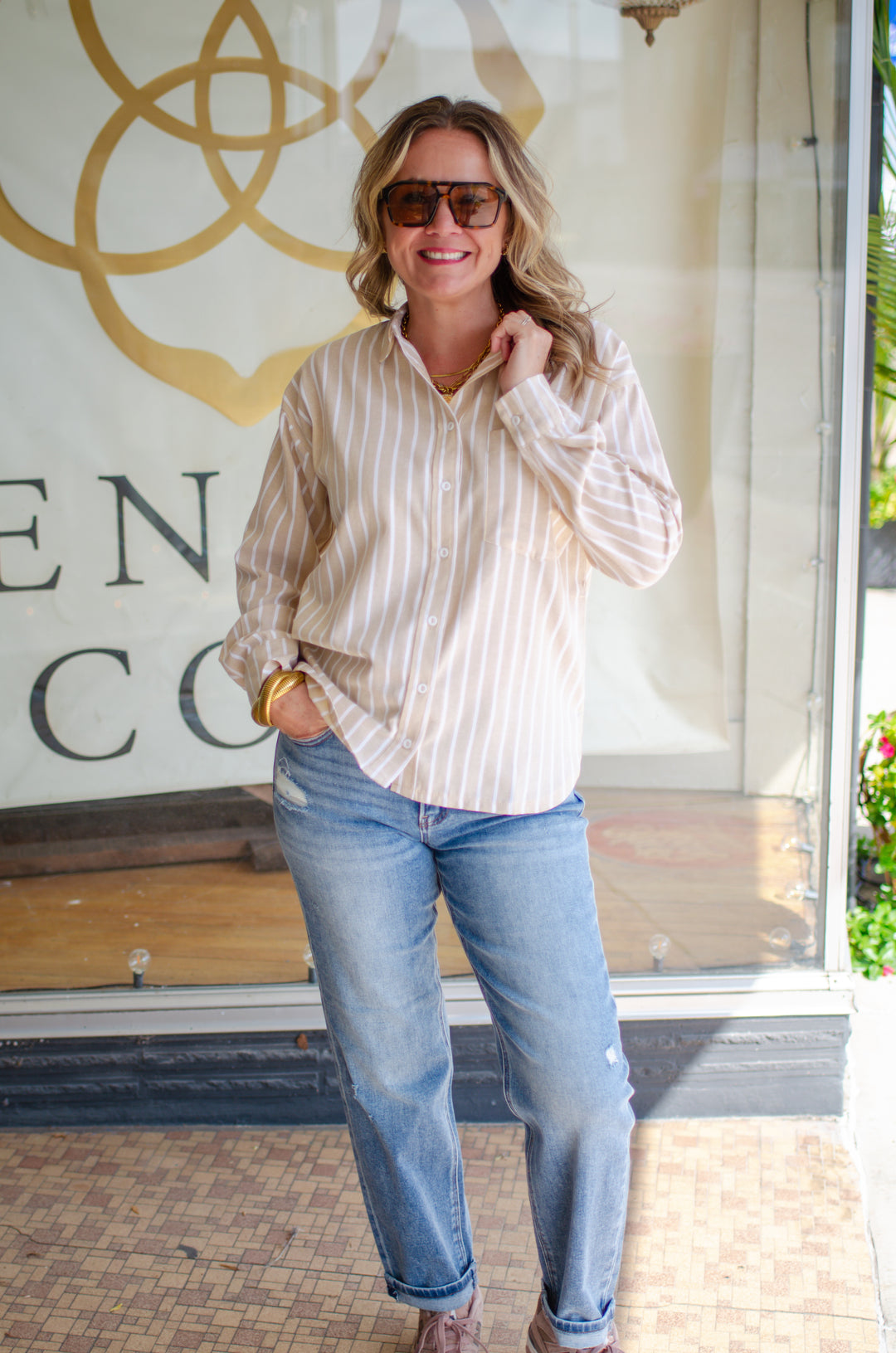 Fall Classic Stripe Button Down Boyfriend Top in Taupe