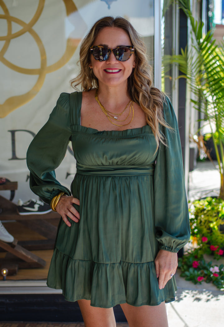 Emerald Wishes Silky Gathered Swing Dress