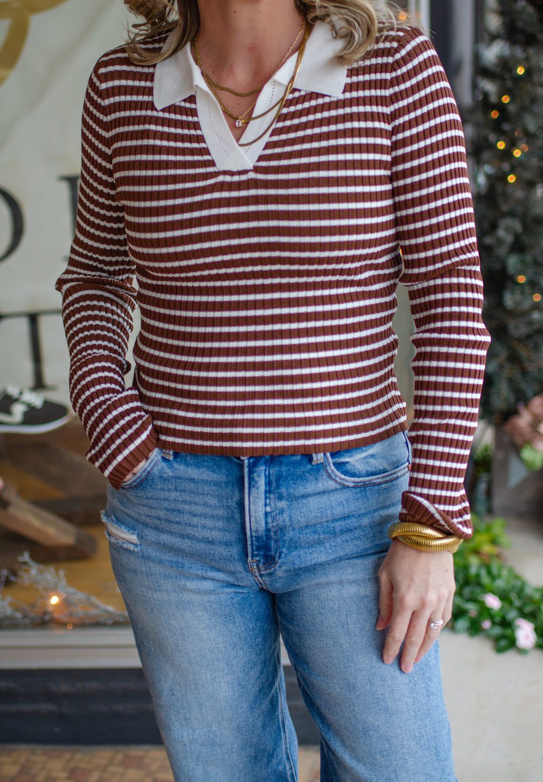 Take Heart Fitted Stripe Collared Long Sleeve in Chocolate & Ivory