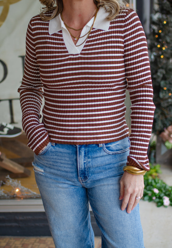 Take Heart Fitted Stripe Collared Long Sleeve in Chocolate & Ivory