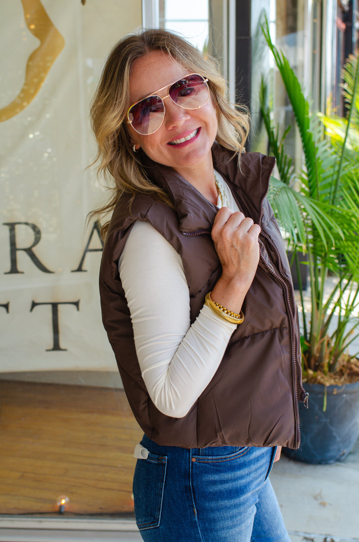 Winter Wishes Puffer Vest in Brown