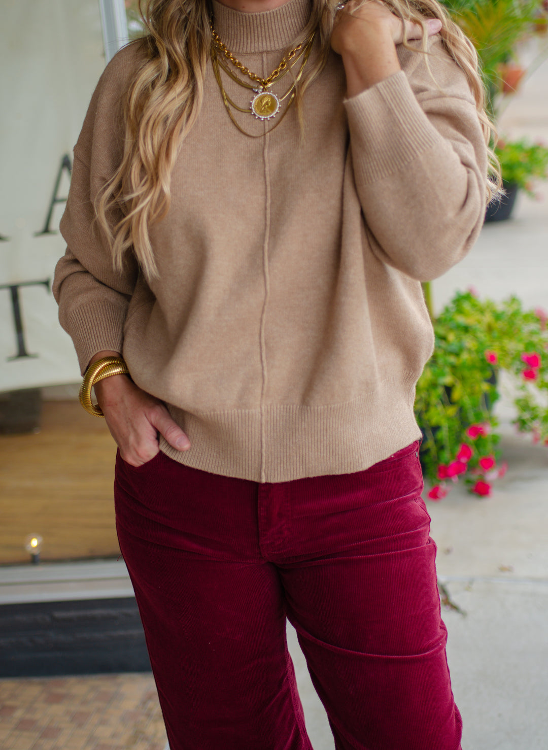 Winter Wish Front Seam Mock Neck Long Sleeve Knit Sweater in Camel