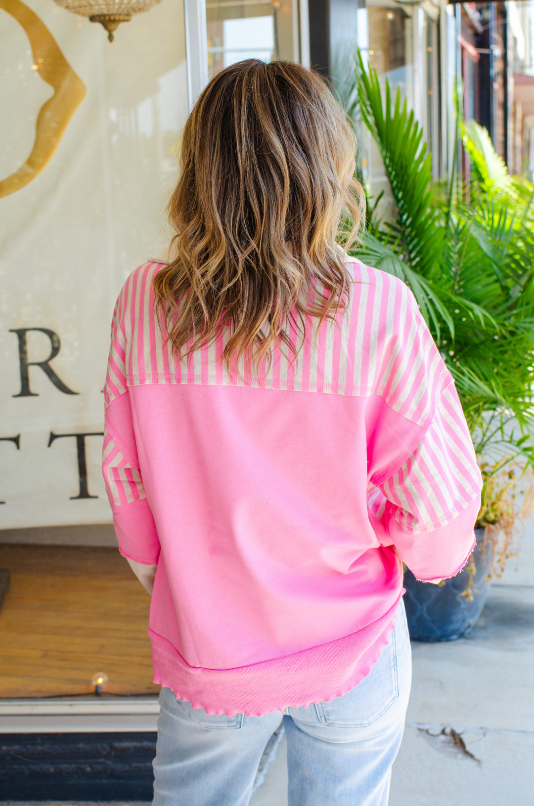 Bold Babe Stripe Trim V-Neck Oversized Top in Pink