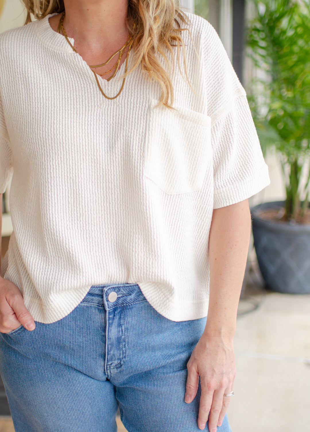 Sweet Emotion Cream Split Neckline Boxy Top