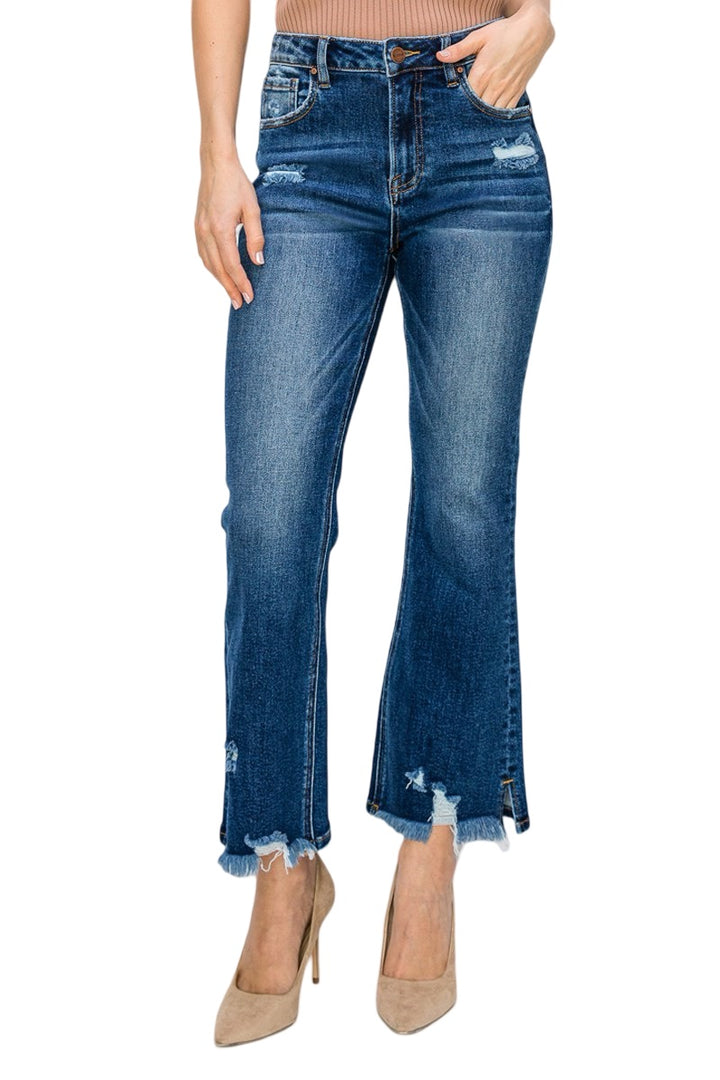 Risen High Rise Crop Flare Jeans in dark wash