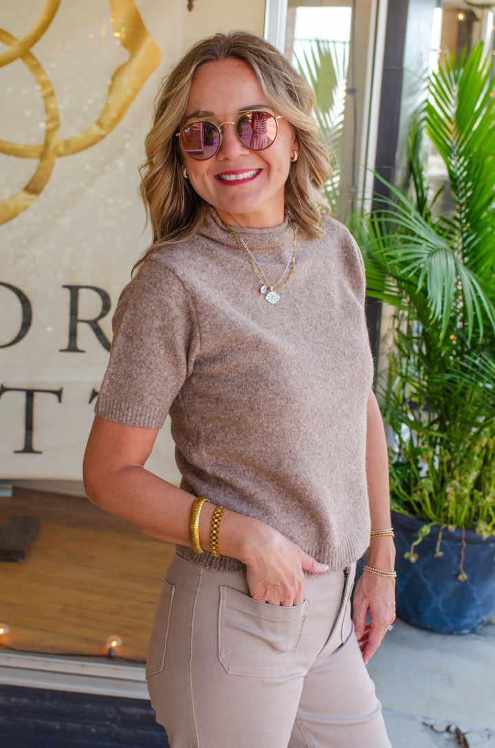 Way to Wander Lightweight Short Sleeve Sweater Top in Mocha