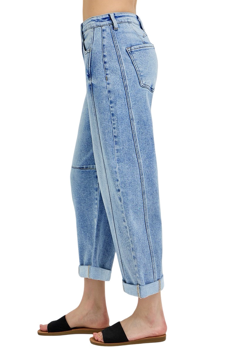 Risen High Rise Boyfriend Cuffed Barrel Jeans in Medium Wash