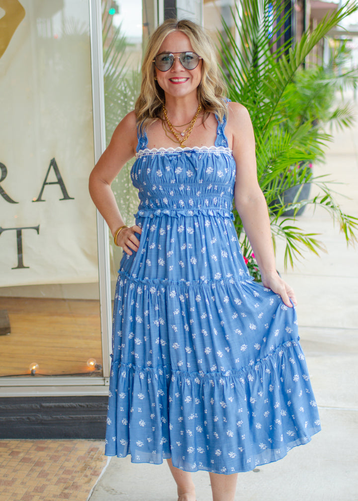 Sweet Symphony Blue Floral Print Corset Top Maxi Dress