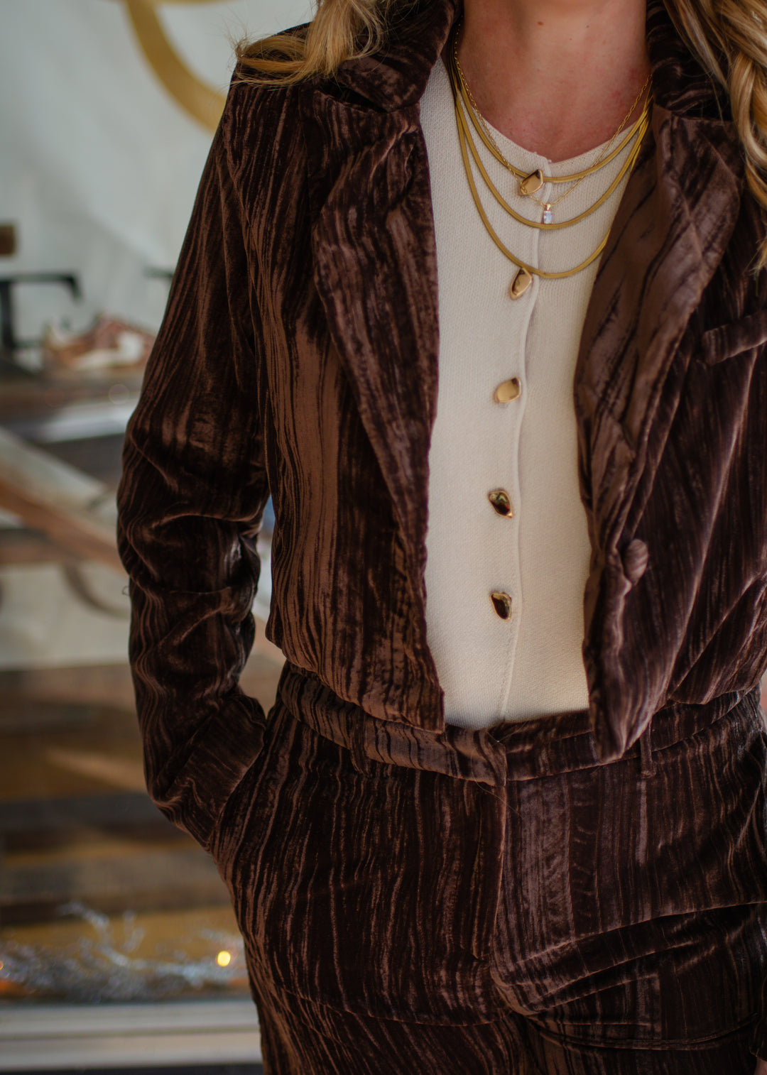 Pure Luxury Chocolate Brown Crushed Velvet Blazer Jacket