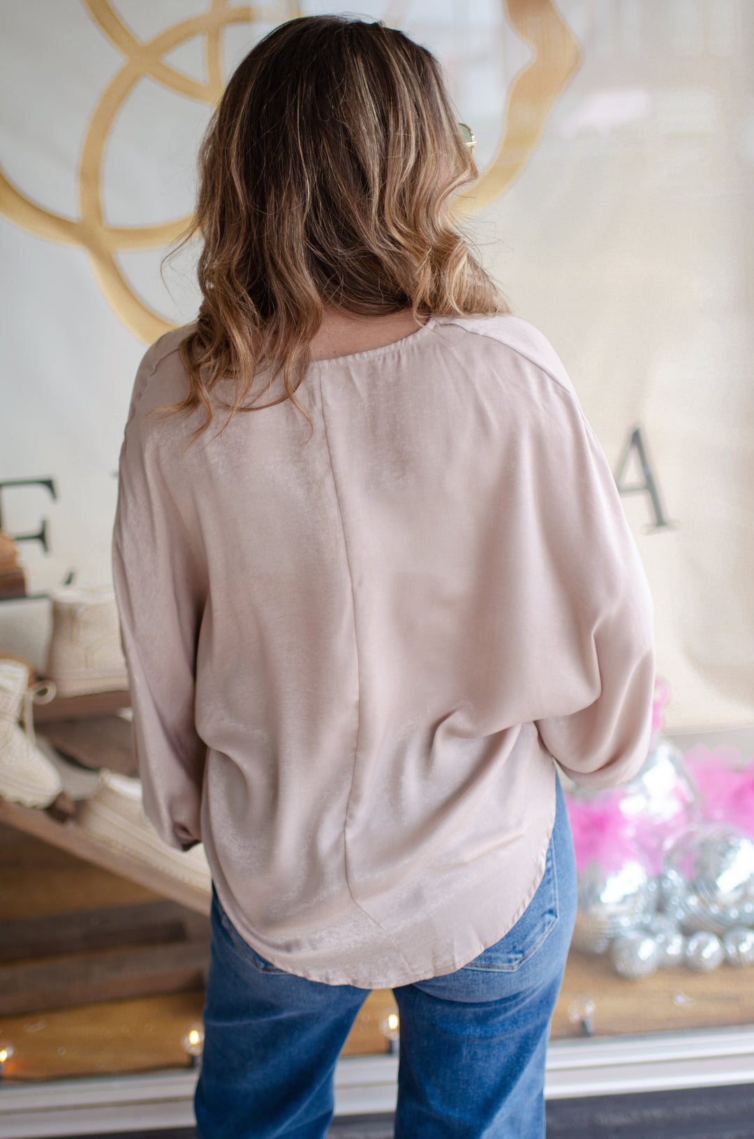 One True Love V-Neck Silky Long Sleeve Top in Champagne