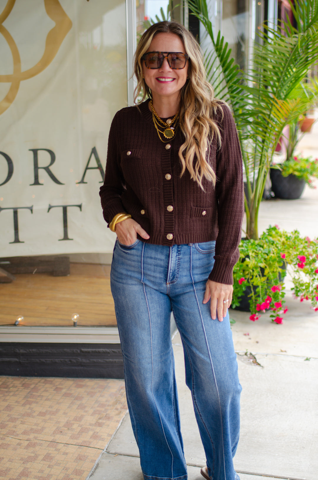 Stylish Moments Gold Button Detailed Sweater Top in Brown