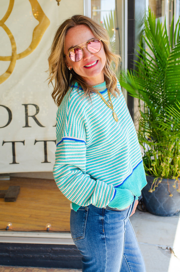 Get Cozy Soft Ribbed Knit Round Neck Color Block Sweater in Seafoam