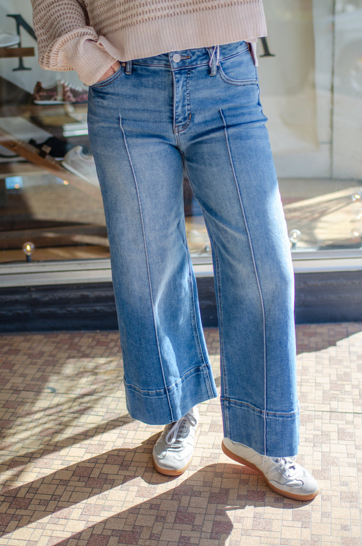 Risen Tummy Control Mid Rise Pin Tuck Crop Wide Leg Pants in Medium Wash