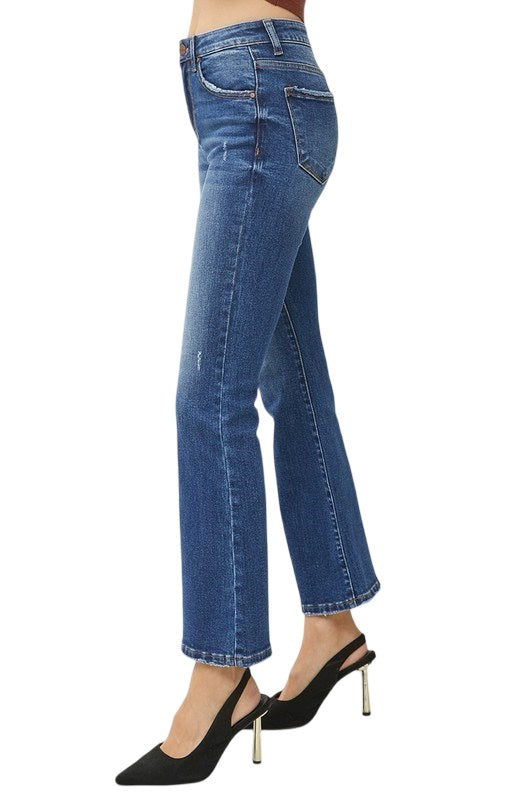 Risen High Rise Ankle Flare Crop in Dark Wash