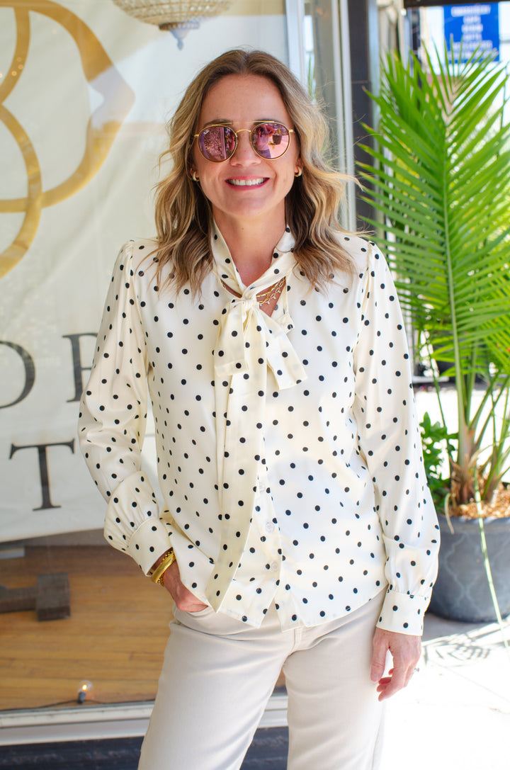 Night Out Polka Dot Button Down Bow Neckline Blouse in Off White & Black