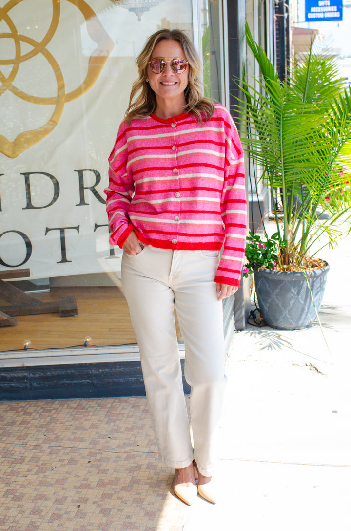 Make It Pop Pink Stripe Button Long Sleeve Sweater Top