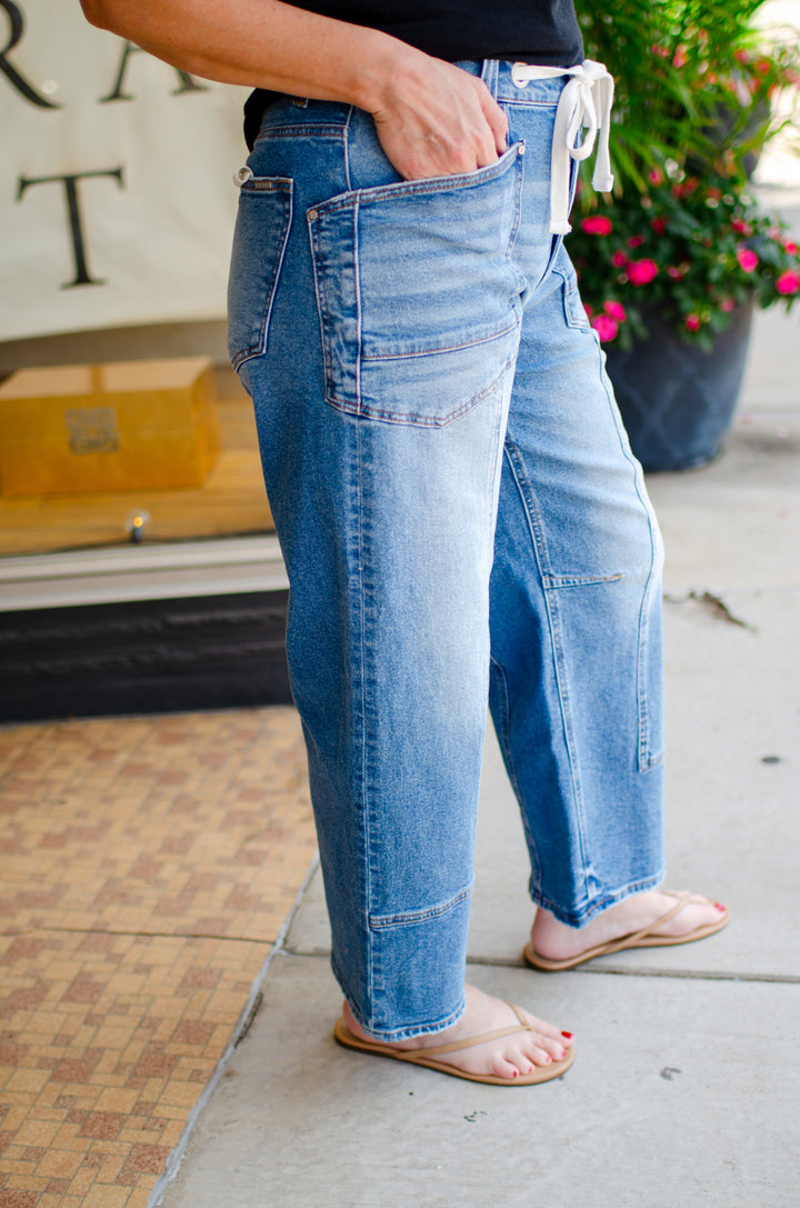 Risen Slouchy Crop Barrel Eyelet Waistband Jeans in Medium Wash