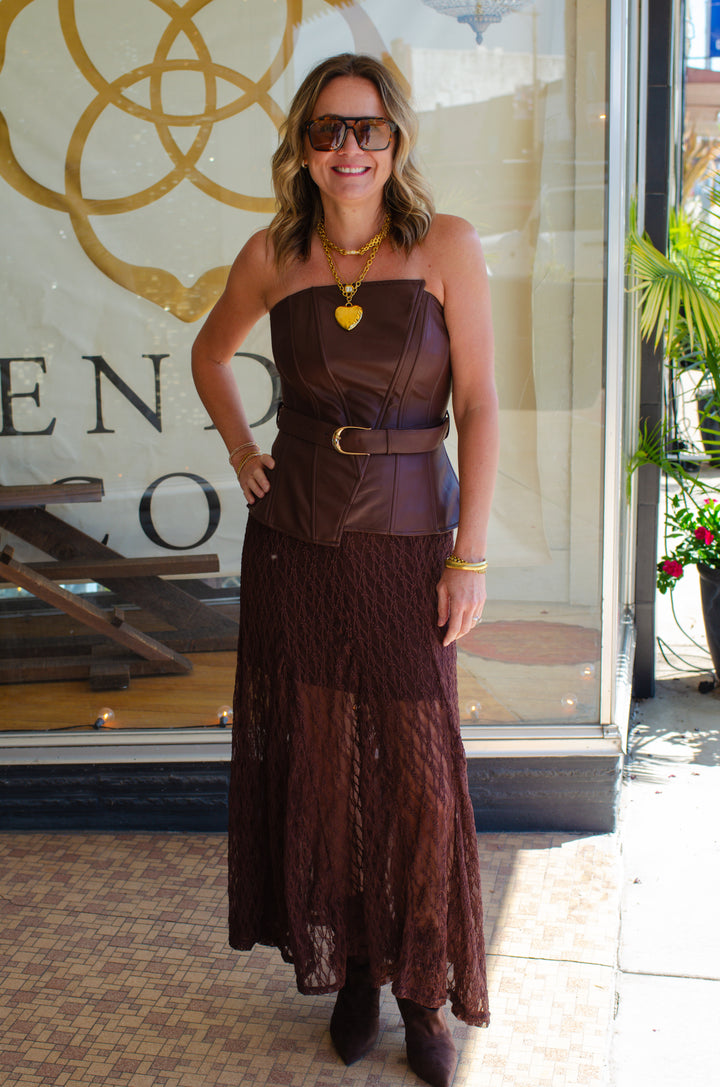 Boho Babe Sheer Lace Midi Skirt in Chocolate Brown