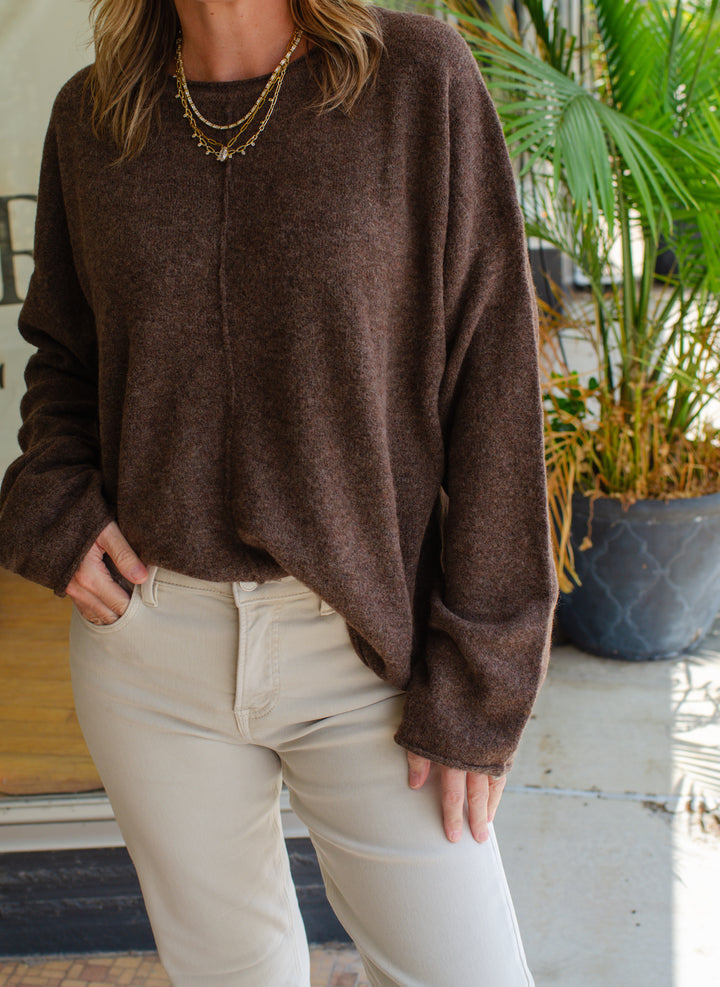 This Love Oatmeal Center Seam Rolled Neck Sweater in Chocolate