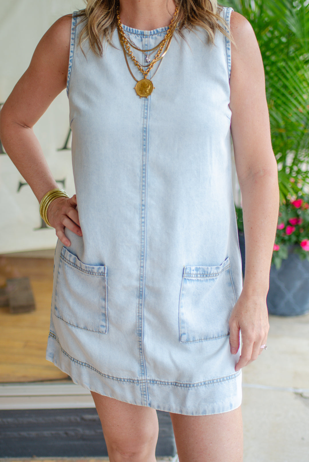 Casual Perfection Washed Denim Sleeveless Pocket Dress