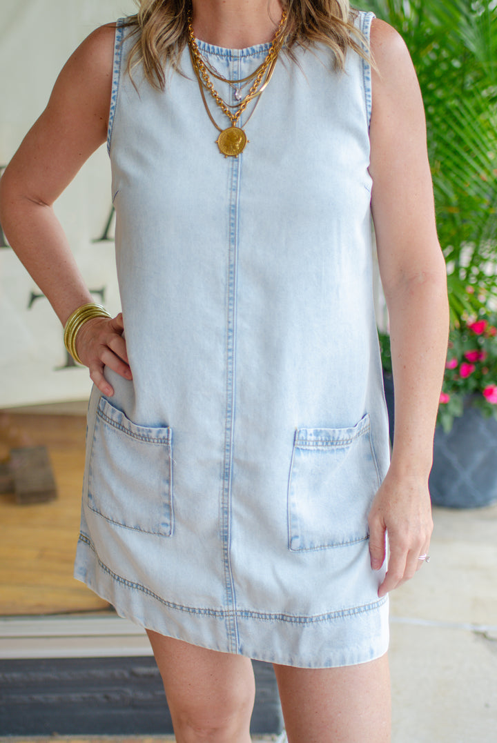 Casual Perfection Washed Denim Sleeveless Pocket Dress