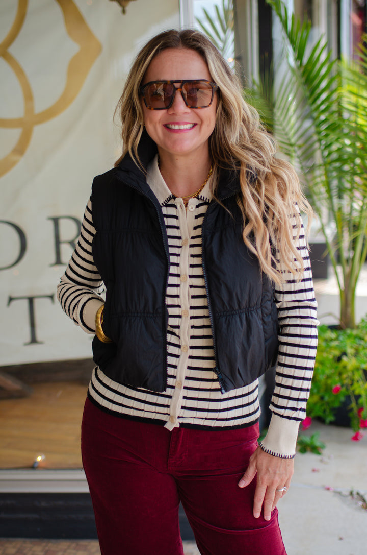 Perfectly Poised Contrast Button Down Collared Sweater Top in Beige