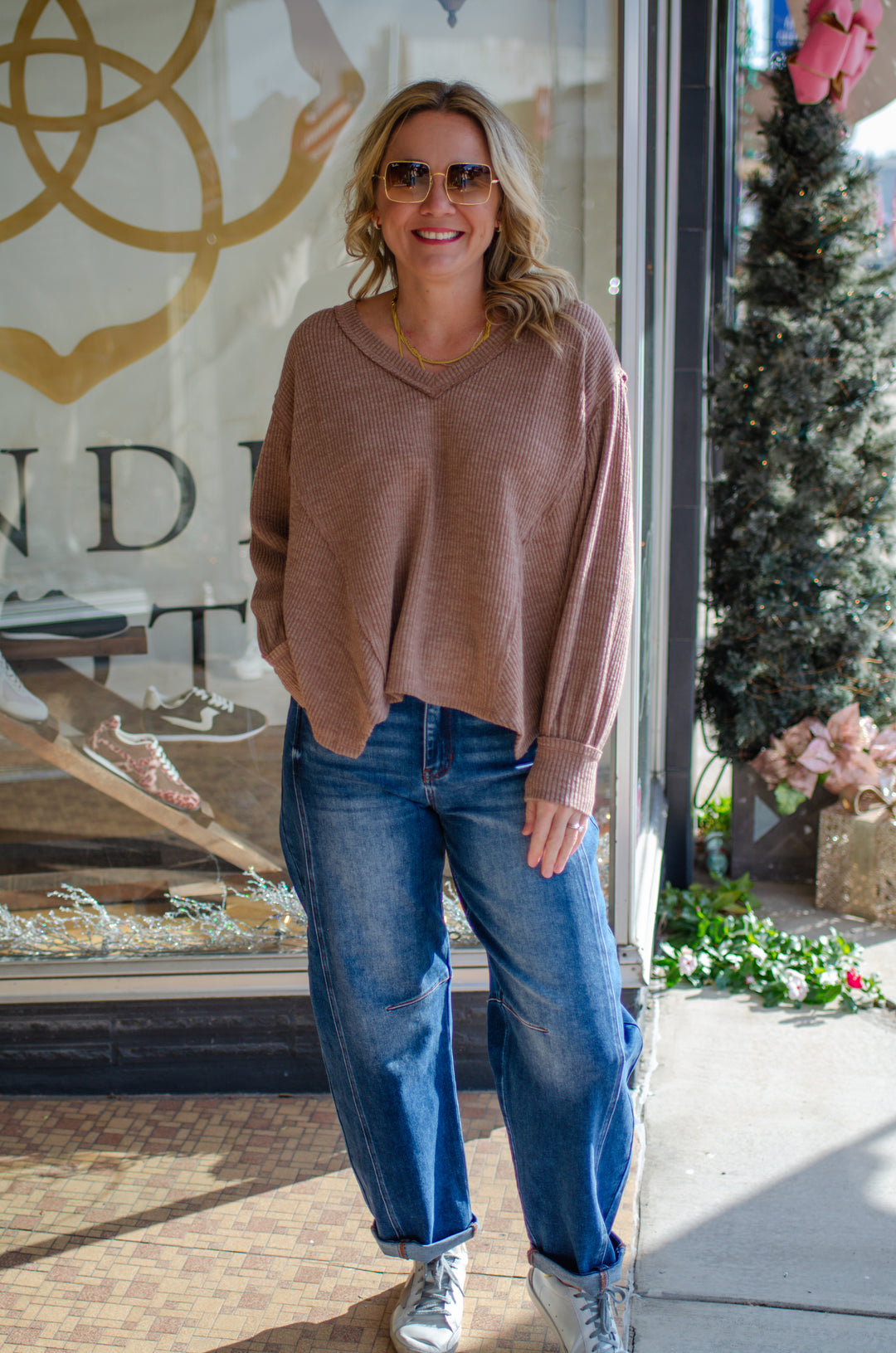 Our Love V-Neck Long Sleeve Side Cut Top in Mocha