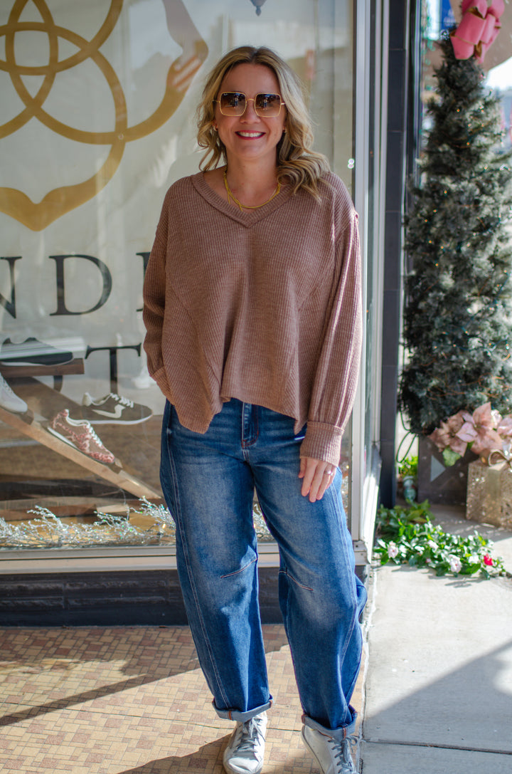 Our Love V-Neck Long Sleeve Side Cut Top in Mocha