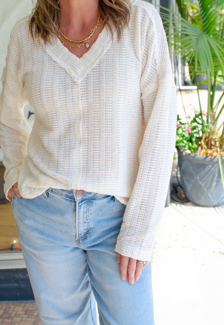 Our Time Textured V-Neck Long Sleeve Top in Cream