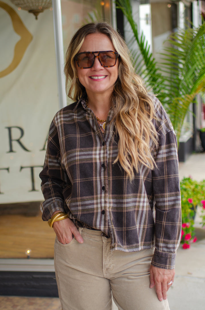 Good Times Plaid Button Down Collared Boxy Long Sleeve Shirt in Brown Mix