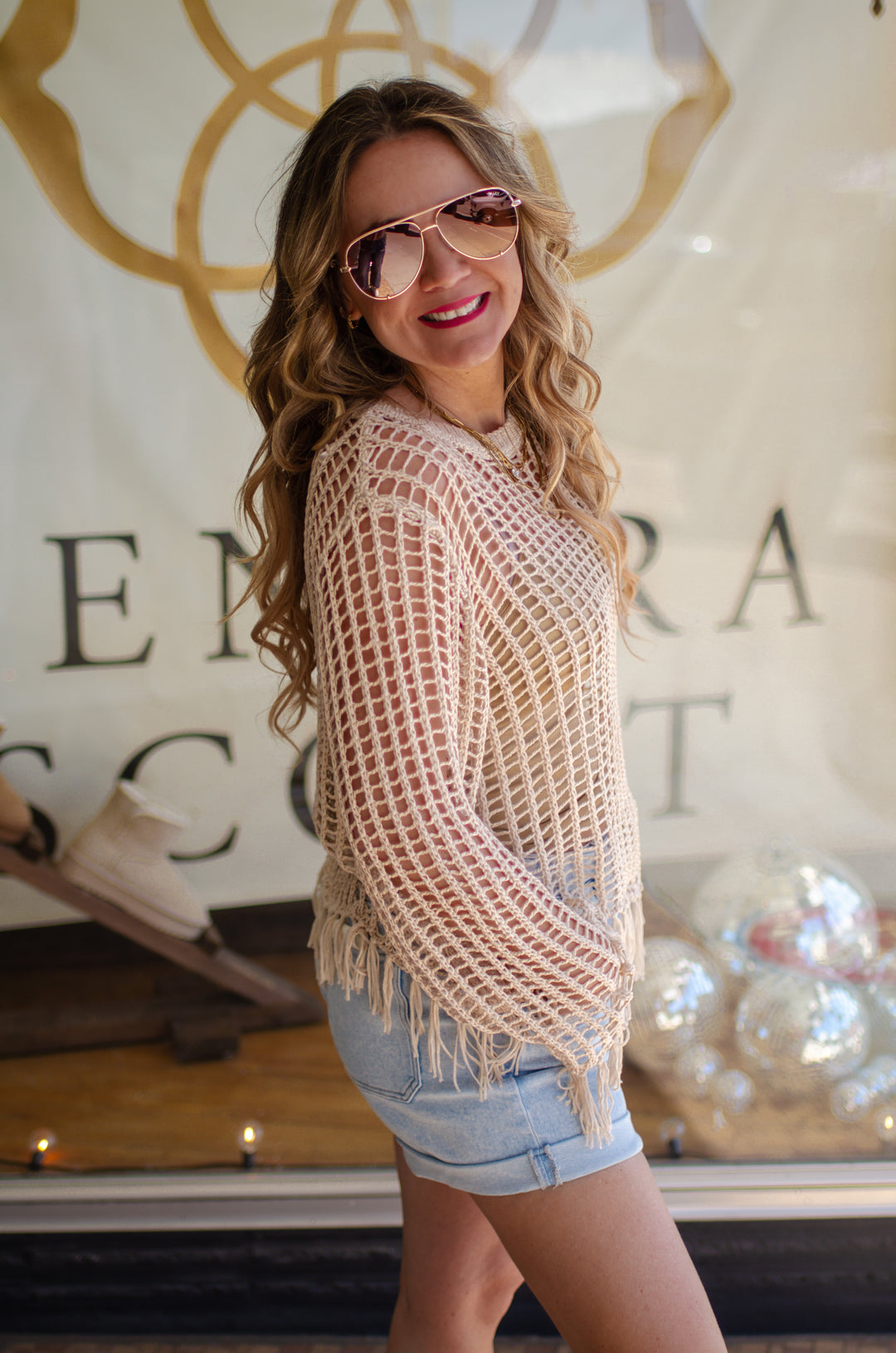 Feeling The Fringe Crochet Knit Long Sleeve Top in Natural