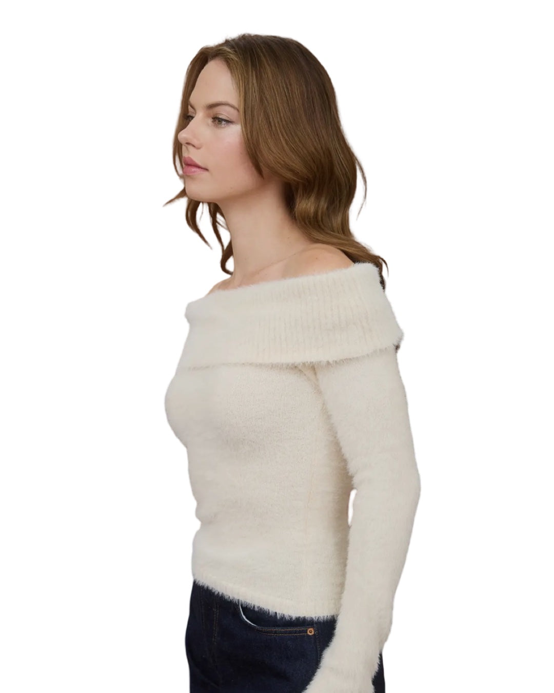 Pure Happiness Fold Over Off The Shoulder Knit Sweater in Cream