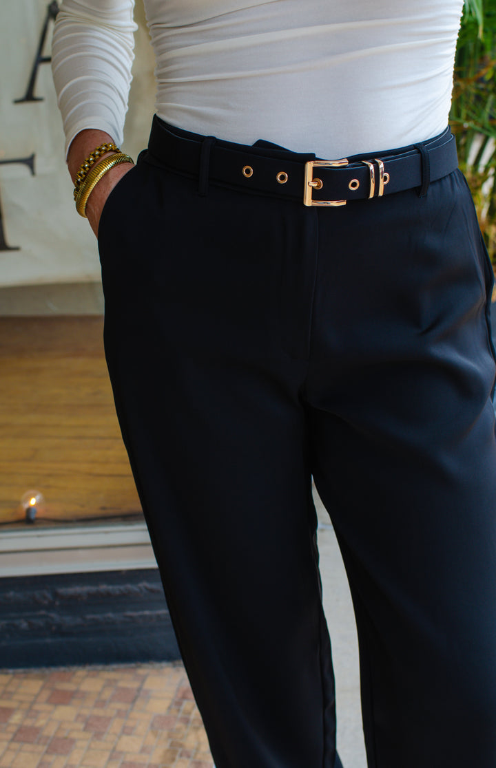 Sophisticated Beauty Belted Wide Leg Trouser Pant in Black
