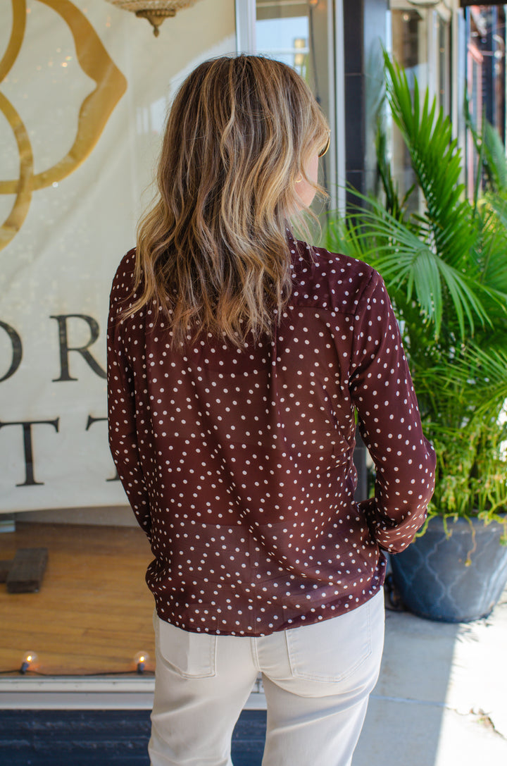 Spot On Polka Dot Neck button down Tie Top in Chocolate