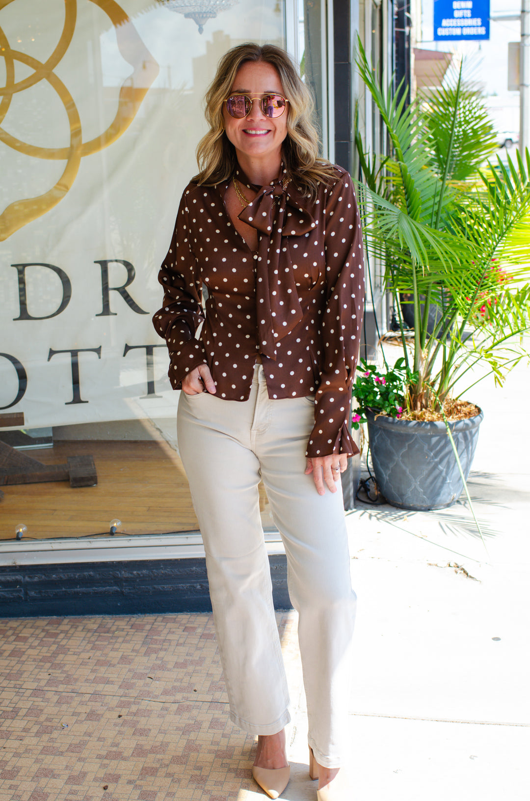 Make Your Mark Polka Dot Tie Neck Long Sleeve Top in Chocolate