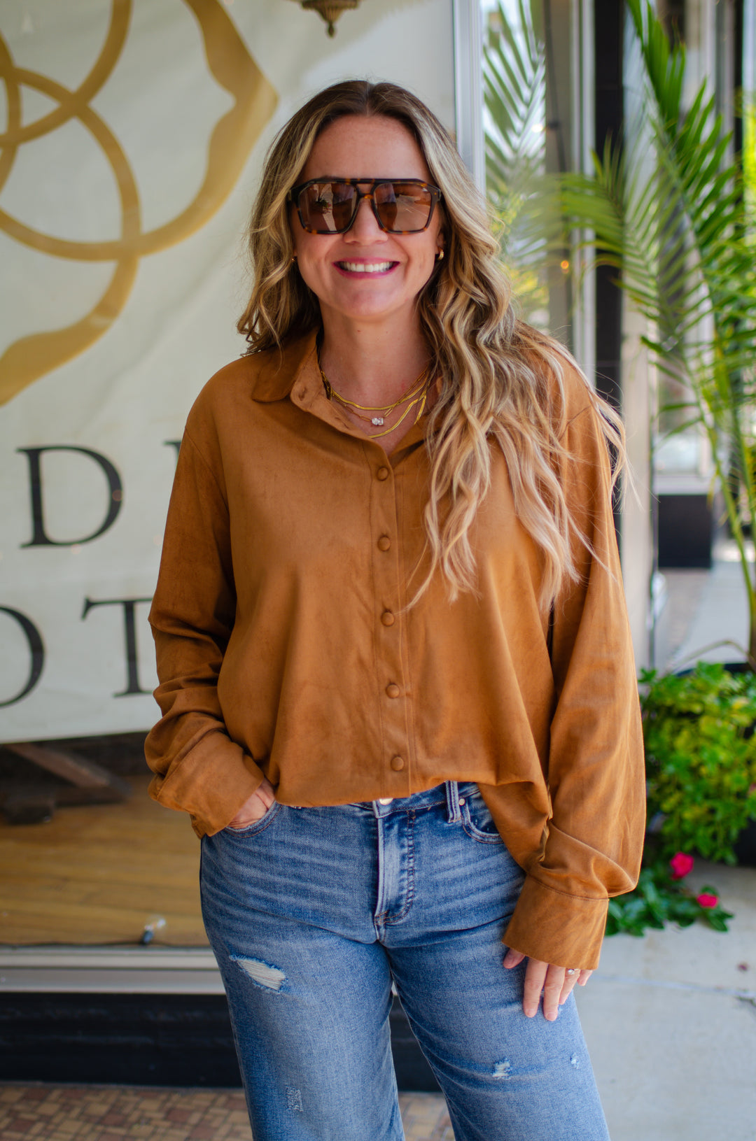 Chic Date Night Suede Like Button Down Top in Camel