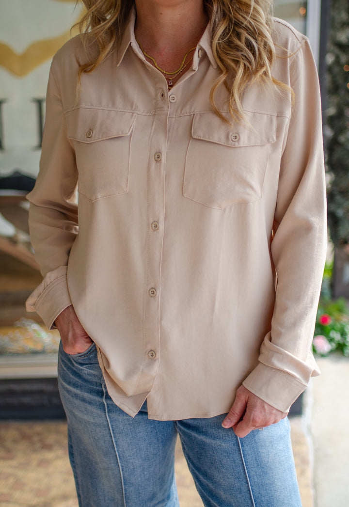 Perfect Day Button Down Blouse in Tan
