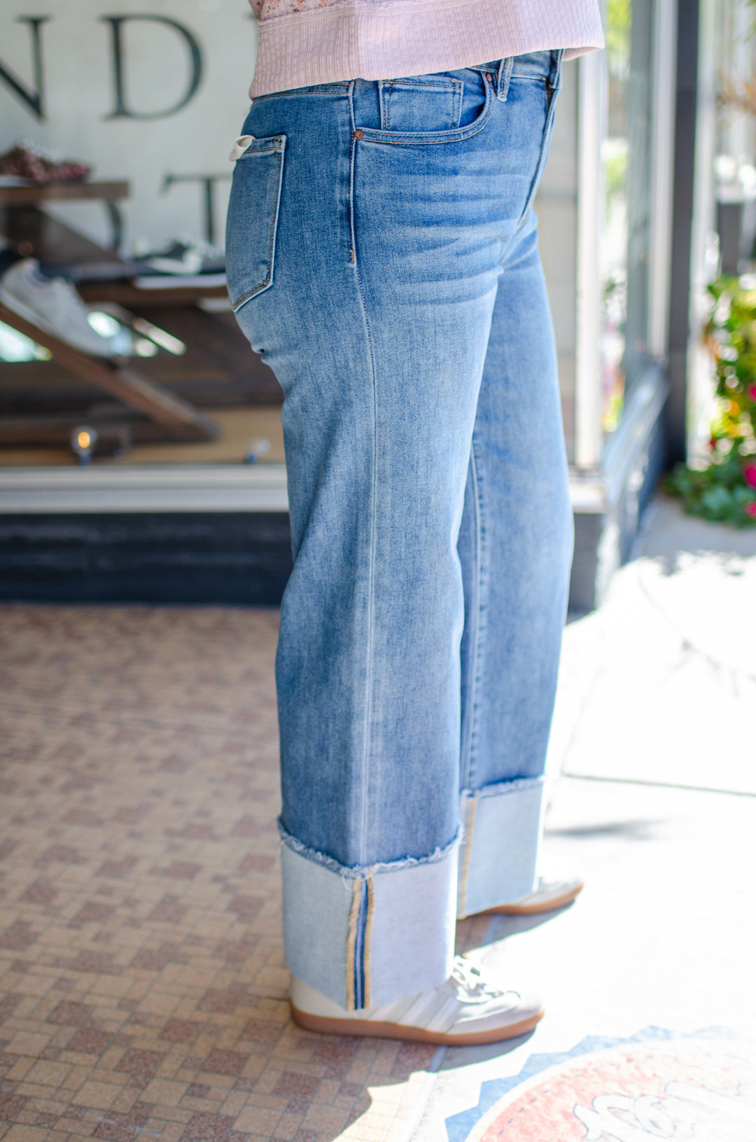 Risen Mid Rise Crop Wide Cuff Jeans in Medium Wash