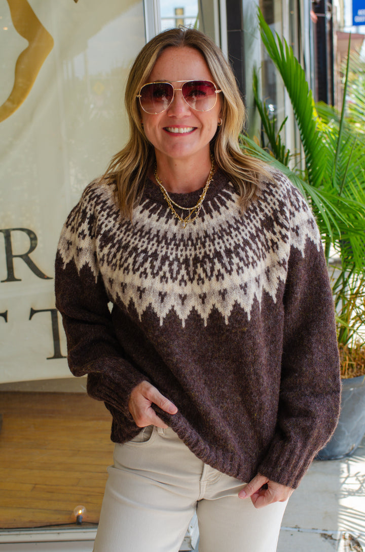 Snow Top Mountain Fair Isle Yoke Sweater in Chocolate