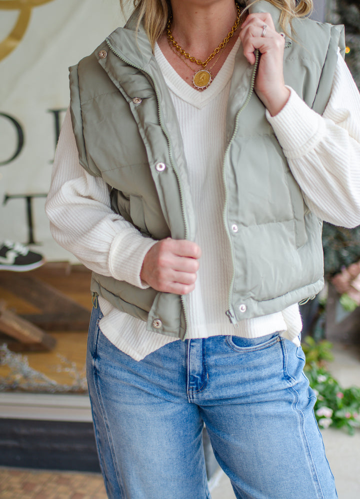 Classic Statement Puffer Vest in Sage