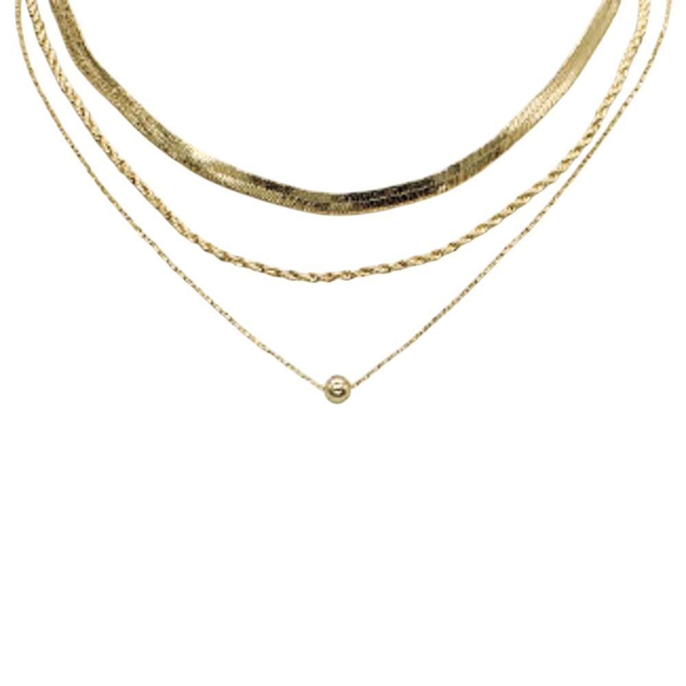 Gold Brass Triple Layered Snake Chain Ball Pendant Necklace