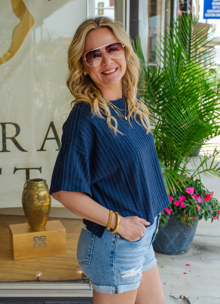 A Star Is Born Cream Textured Stripe Top in Navy